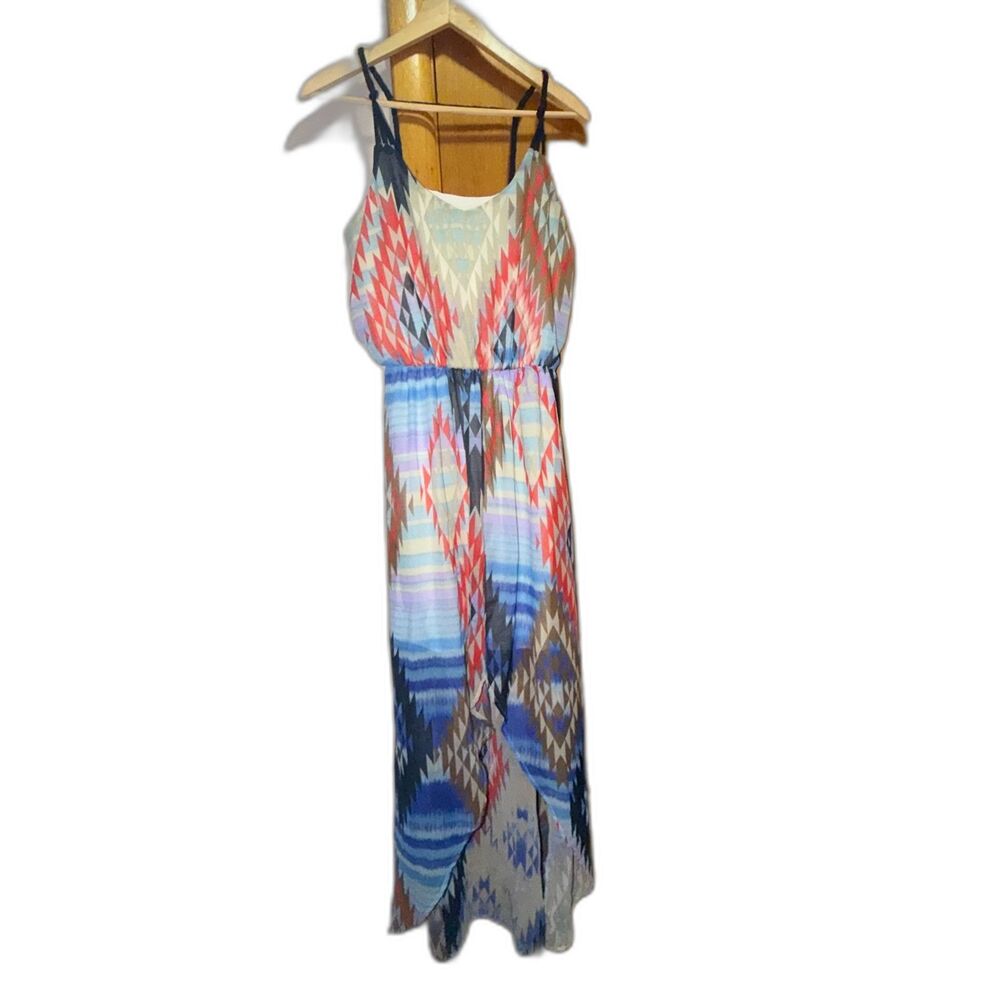 Aztec Geometric Print Womens Medium High Low Maxi Dress Boho Flowy Summer Resort